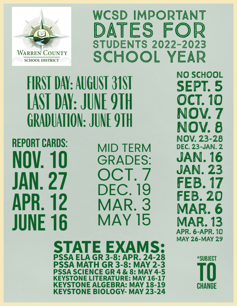 Warren County School District Important Dates for 22.23 School Year