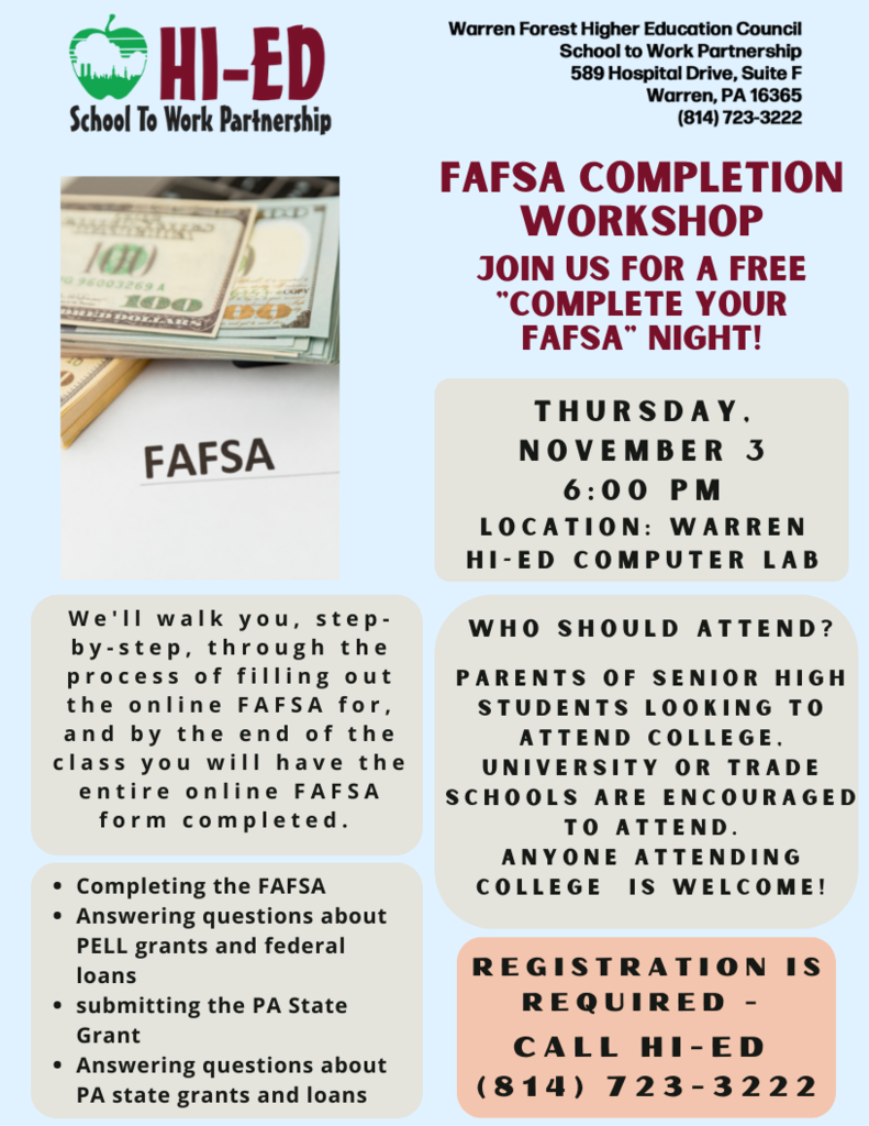 Flyer for Higher-Ed FAFSA Workshop