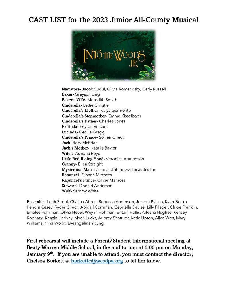 Cast List for WCSD Into the Woods Jr