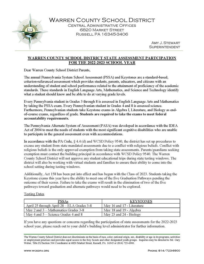 Letter for State Assessments