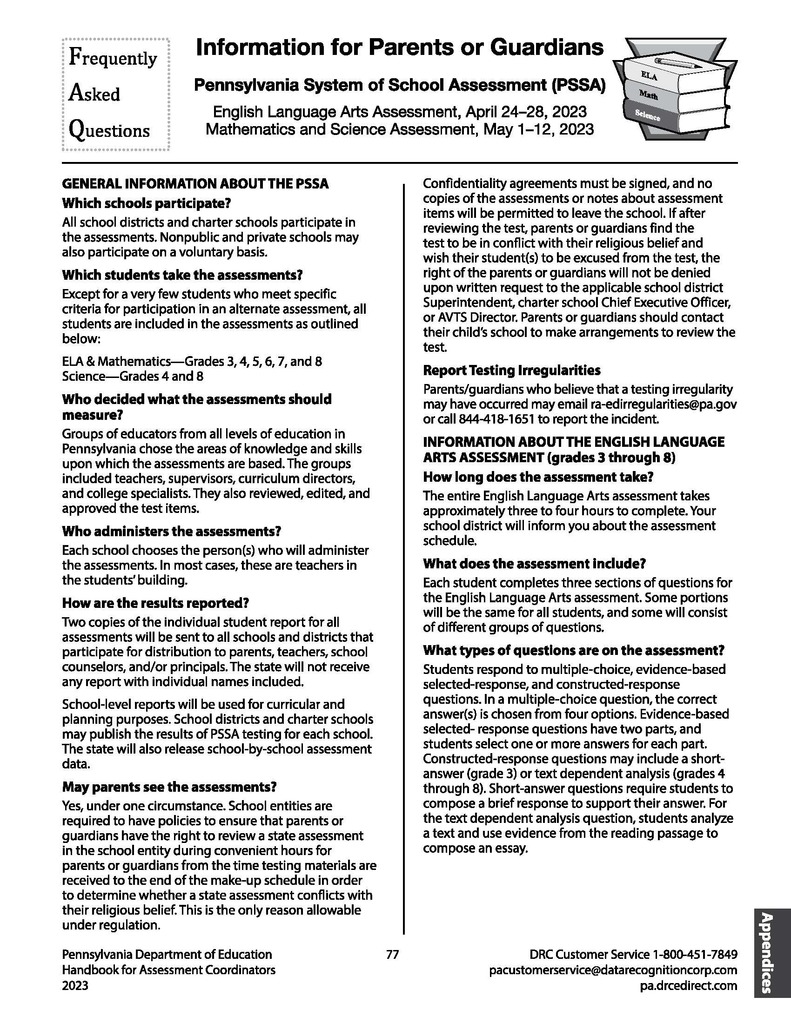 PSSA Parent FAQ 1 of 2