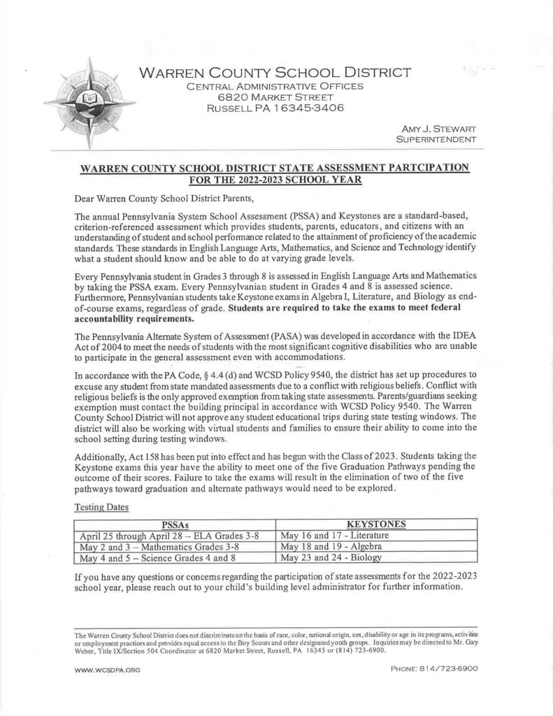 PSSA Participation and Information Letter